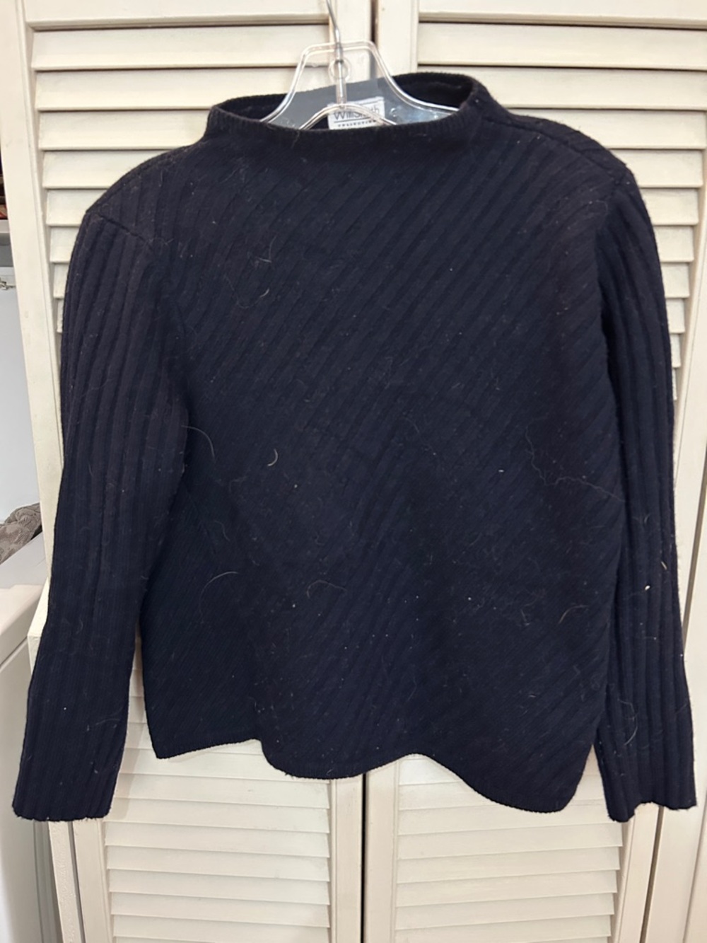 Willi smith 100% lambswool asymmetrical striped Black Ribbed Crewneck Sweater